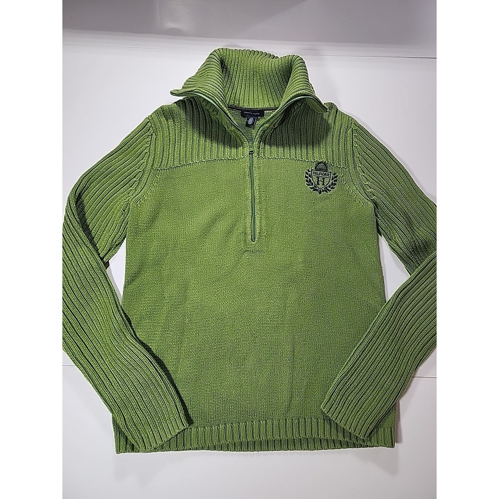 VTG Tommy Hilfiger Green Knit Pullover Sweater Women's L 1/4 Zip Crest‎ Logo Y2K